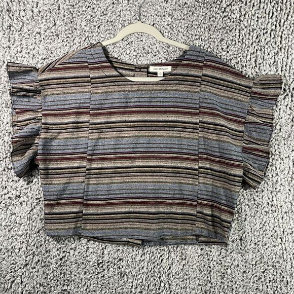 First Monday Boho Top Boho Striped Ruffle Sleeve Back Button Up Blouse Womens M - Picture 1 of 9